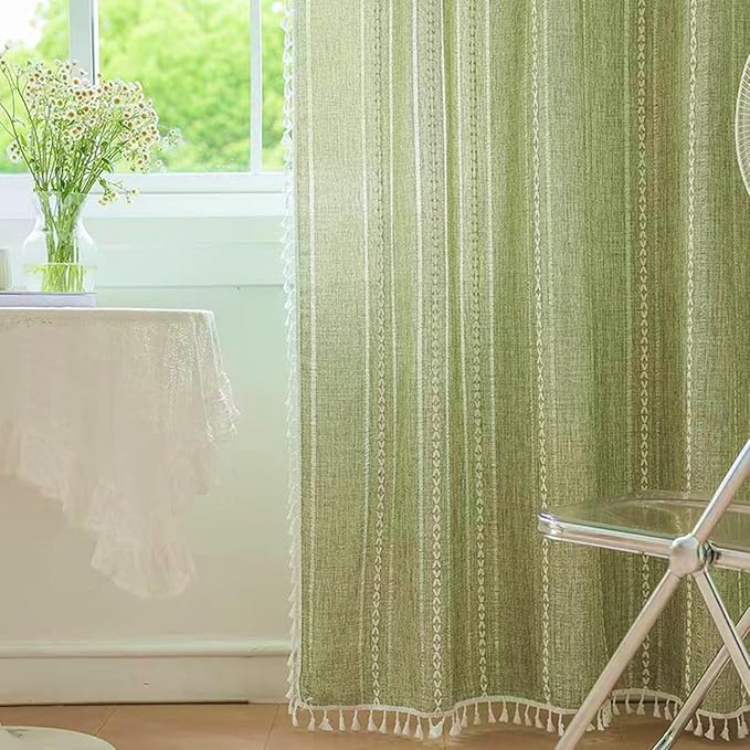 Deeprove Green Boho Curtains 63 Inches Length for Bedroom Cafe Kitchen Closet, Bohemian Chic Textured Embroidery, Vintage Handmade Tassels Christmas Decor Drape, Rod Pocket, 1 Panel W52 x L63