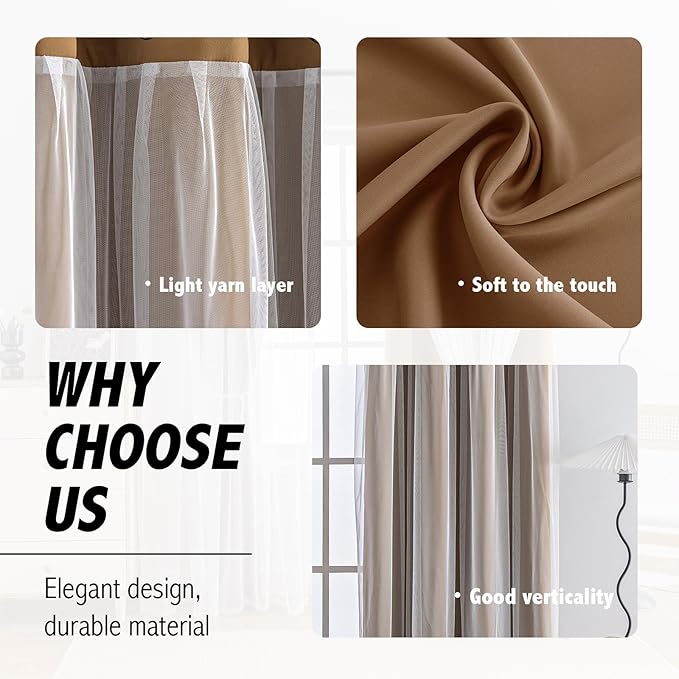 Anytime Home Curtains Blackout and Sheer Layered Solid Window Curtain Panel Pair with Grommet Top, 52Wx84L,Coffee