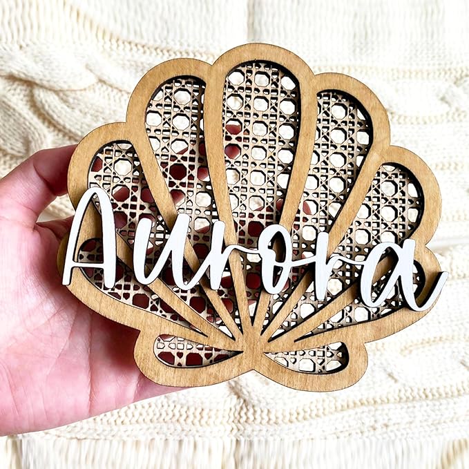 Personalized Rattan Seashell 3D Name Sign, Custom Boho Wood Personalized Name Sign, 3D Wooden Layered Handmade Letter Wall Decor for Nursery or Child's Bedroom, Rattan Baby Name Sign