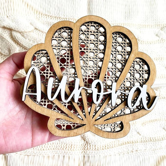 Personalized Rattan Seashell 3D Name Sign, Custom Boho Wood Personalized Name Sign, 3D Wooden Layered Handmade Letter Wall Decor for Nursery or Child's Bedroom, Rattan Baby Name Sign