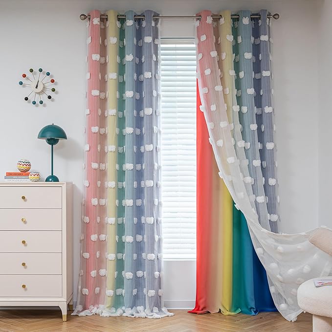 MYSKY HOME Rainbow Curtains for Boys Bedroom Kids Curtains Pom Pom White Sheer Window Curtains Double Layer Solid Nursery Curtains 84 Inches Length Room Darkening Grommet 2 Panels, W52 X L84