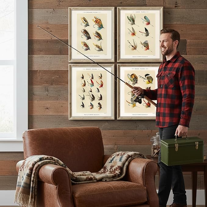 DREAM BIG PRINTABLES Vintage Fly Fishing Decor (Set of 4) - Unframed - 11x14 | Great Gift for Fisherman - Reproductions of Vintage Fishing Lure Art Prints - Rustic Decor