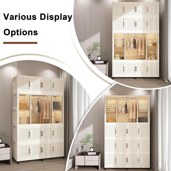 Portable Closet Wardrobe, Foldable Clothes Organizer with 17 Cubes Storage, Hanging Rods, Easy Assemble Clothing Organizer with Magnet Doors, Wardrobe Storage Cabinet for Kids,Baby,Adult