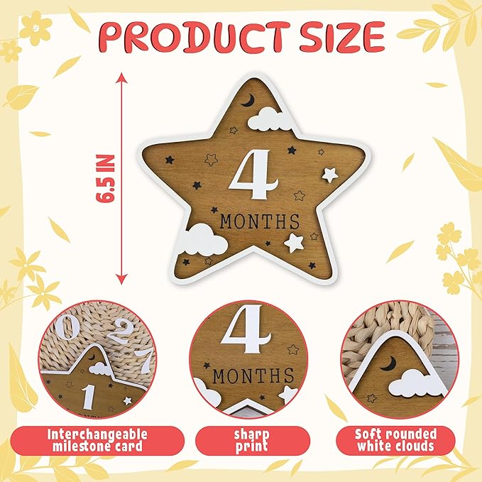 Wooden 3D Baby Monthly Milestone Cards Monthly Milestone Discs Newborn Photography Props Baby Announcement Sign Baby (Star)