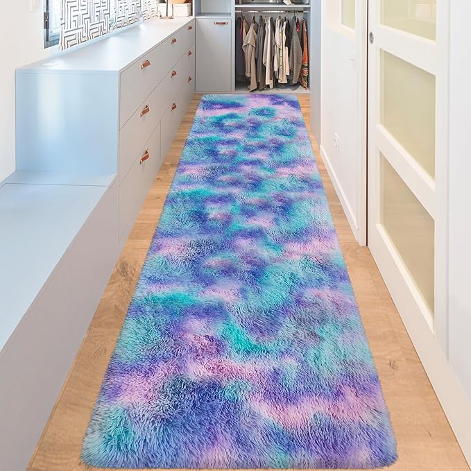Shaggy Tie Dyed Light Blue Purple Runner Rug 2x8 ft Bedside Area Rugs for Living Room, Anti-Skid Extra Comfy Fluffy Floor Carpet for Indoor Hallway Home Decorative