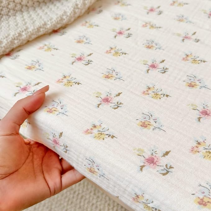 BuLuTu Muslin Floral Print Crib Sheets 2 Pack, Soft Breathable 100% Cotton Neutral Fitted Sheets Set for Standard Crib Mattress & Toddler Mattress 52"x28", Camellia & Azalea