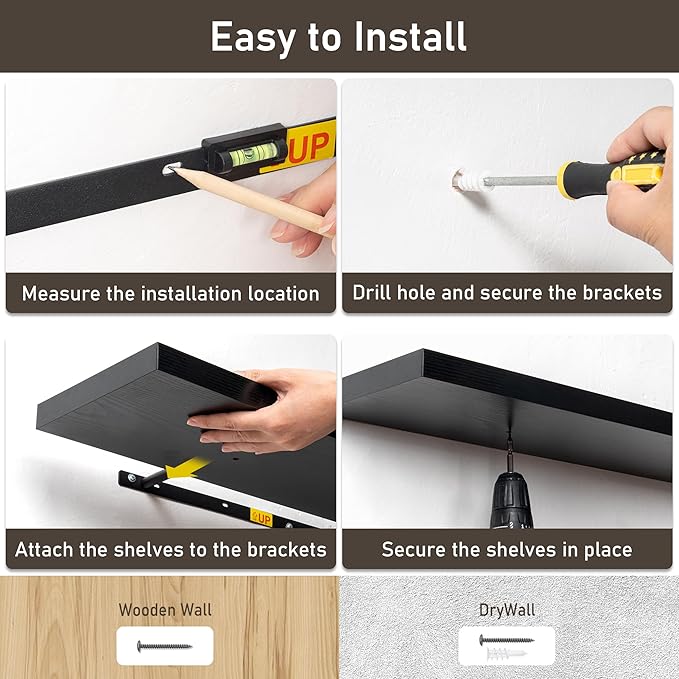 Fun Memories 36 Inch Floating Shelves, Wall Shelves Set of 2 for Bathroom/Living Room/Bedroom/Kitchen, Black Floating Shelf for Wall Decor with Invisible Brackets