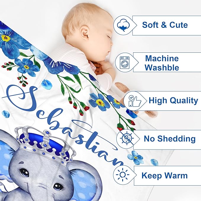 J&SBGFT Personalized Baby Blanket for Boys,Custom with Name, Customized Name Receiving Blankets Toddlers Kids Nursery Stroller Crib Decor Throw 30/''x40/'',Color12, 12-blue Floral Elephant