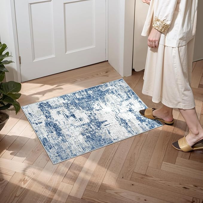 Area Rug 2x3 Washable Rug: Soft Small Entryway Rug with Anti-Slip Backing Non-Shedding Stain-Resistant Abstarct Modern Carpet for Kitchen Bedroom Indoor Front Entrance-Gray/Blue