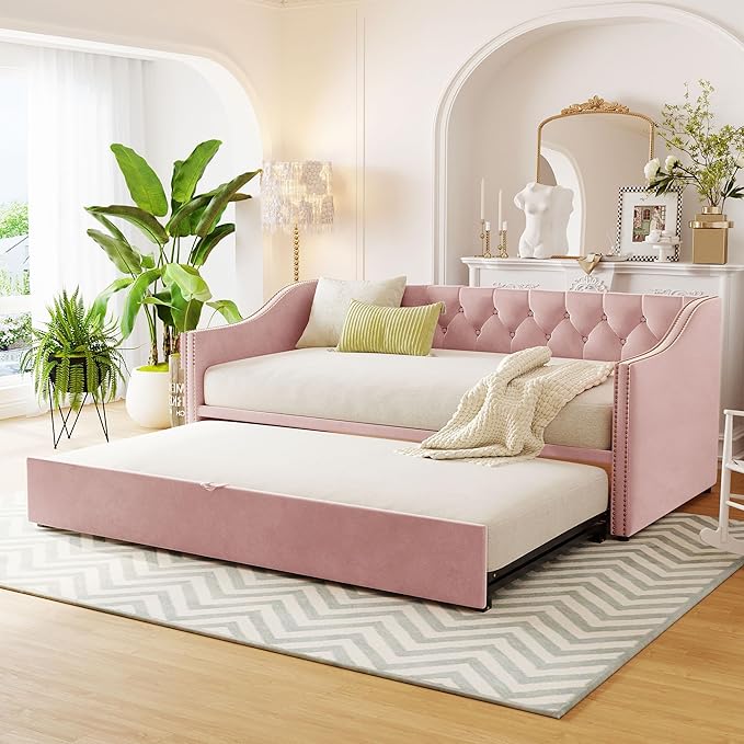 Merax Twin Size Upholstered Velvet Daybed with Pop Up Trundle, Multi-Functional Sofa Bed with Backrest and Two Armrest for Kids Room, Guest Room, Living Room, Pink