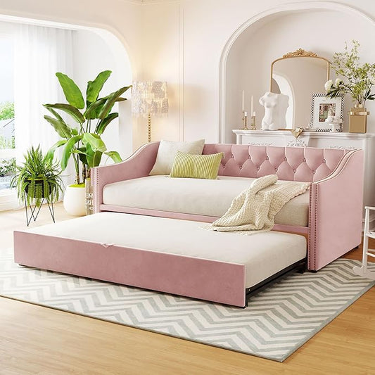 Merax Twin Size Upholstered Velvet Daybed with Pop Up Trundle, Multi-Functional Sofa Bed with Backrest and Two Armrest for Kids Room, Guest Room, Living Room, Pink