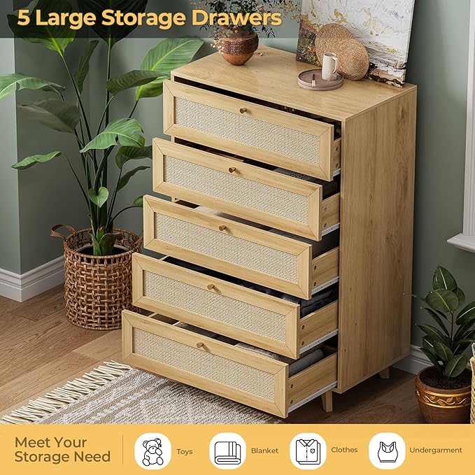 AOGLLATI Rattan Dresser for Bedroom with 5 Drawer, Modern Double Wooden Tall Bedroom Dresser, Chest of Drawers with Metal Handle & Solid Wood Legs for Bedroom/Living Room,
