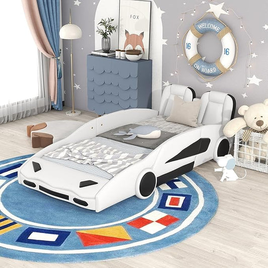 Ball & Cast Twin Size Race Car Shaped Platform Bed with Wheels,Wood Low Floor Bed Frame w/Rails & Headboard,Slat Support,No Box Spring Needed,for Apartment,Dorm,White