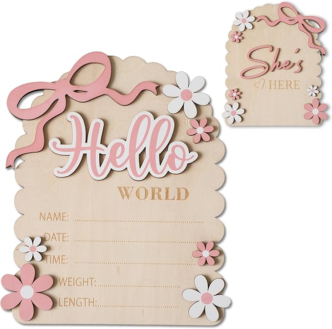 Baby Announcement Sign, Hello World Newborn Sign for Hospital, She’s Here Card, Baby Announcements Ideas, Newborn Photography Props Double-Sided (HW3)