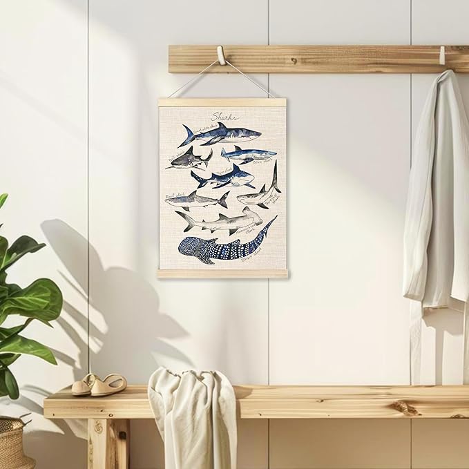 Ecezatik Shark Poster Hanger Frame, Wall Art for Beach Room, Coastal Home Decor, Hanging Decor for Classroom Nursery Boys Room, Gifts for Shark Lovers, 12x16