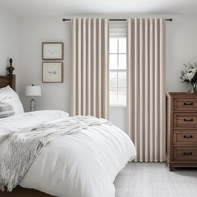 Grey Flax Natural Linen 90 Inch Curtains for Bedroom, Aesthetic Blackout Pleated Burlap Burg Heat Blocking Sound Dampening Windows Burg with Rod Pocket Dining Room Curtain 90 Inches Length 2 Panel Set