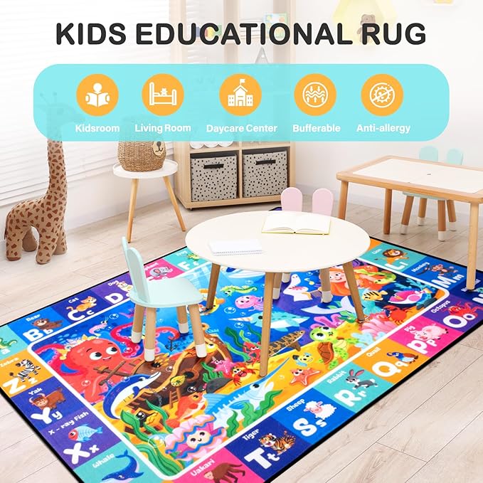 Ocean ABC Rug for Kids Playroom 4x6FT Sea Animals Kids Rugs Non-Slip Play Carpet Baby Play Mat for Floor Washable Alphabet Nursery Preschool Daycare Classroom Carpet
