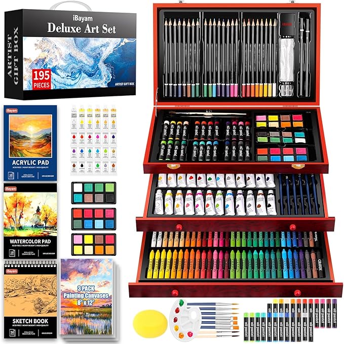 iBayam Art Supplies, 195 Pack Art Set Drawing Kit for Kids Teens Girls Boys Adult, Arts and Crafts Painting Kit, Art Kits Paint Set with Acrylic Pad, Sketchbooks, Watercolor Pad, Canvases, Gift Box