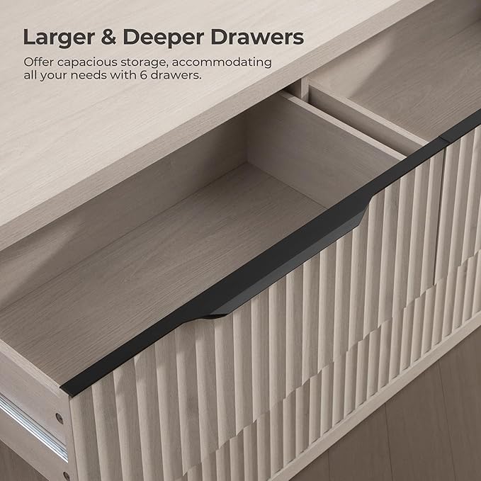 SICOTAS Dresser for Bedroom 53.5" Wide 6 Drawer Dressers & Chests of Drawers for Closet Long Large Modern TV Stand Set for Clothes Storage Fluted Clothes Closet for Hallway Entryway, White Alder
