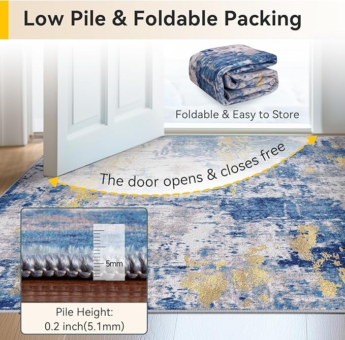 Washable Area Rugs 2'x10' Non-Slip Modern Abstract Soft for Living Room Entryway Bedroom Nursery, Print Pattern, Grey Blue Gold/Golden