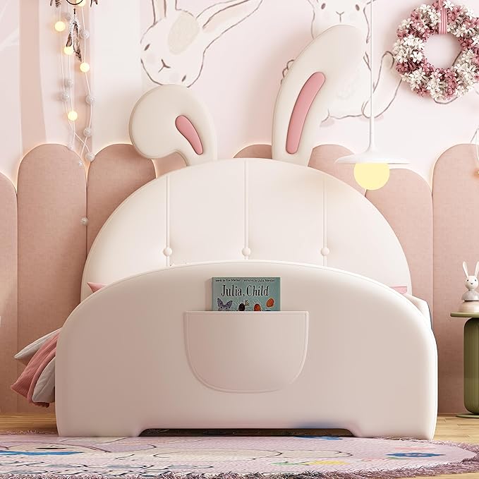 Harper & Bright Designs Twin Size Upholstered Rabbit Shape Princess Bed Frame for Boys Girls Kids Adults Toddler, Twin Size Platform Bed with Headboard and Footboard,White