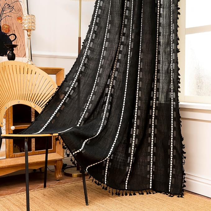 Deeprove Black Boho Curtain 84 inches Length for Living Room Bedroom Nursery, Bohemian 84 inches Long, Mid Century Western Embroidery Textured Halloween Privacy Window Trim Decor W52 x L84, 1 Panel