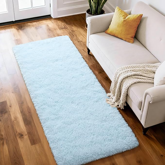 Merelax Soft Fluffy Rugs for Bedroom Living Room, 2x6 Hallway Runner Rugs, Furry Shag Bedside Area Rug Indoor Accent Floor Carpet, Plush Fuzzy Rug for Dorm Nursery Kids Room Decor, Baby Blue