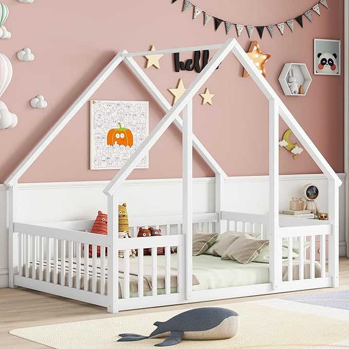 Bellemave Full Floor Bed for Kids, Girls, Boys, Wood House Bed Frame, House Floor Bed for Kids, Full Size Montessori Floor Bed with Fence, Playhouse, White