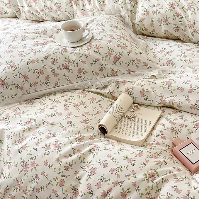 Girls Floral Ruffle Bedding Pink Flower Duvet Cover Queen Romantic Princess Lace Comforter Cover Cotton Boho Floral Duvet Cover Cute Botanical Flower Comforter Cover Ruffled Cottagecore Bedding Set