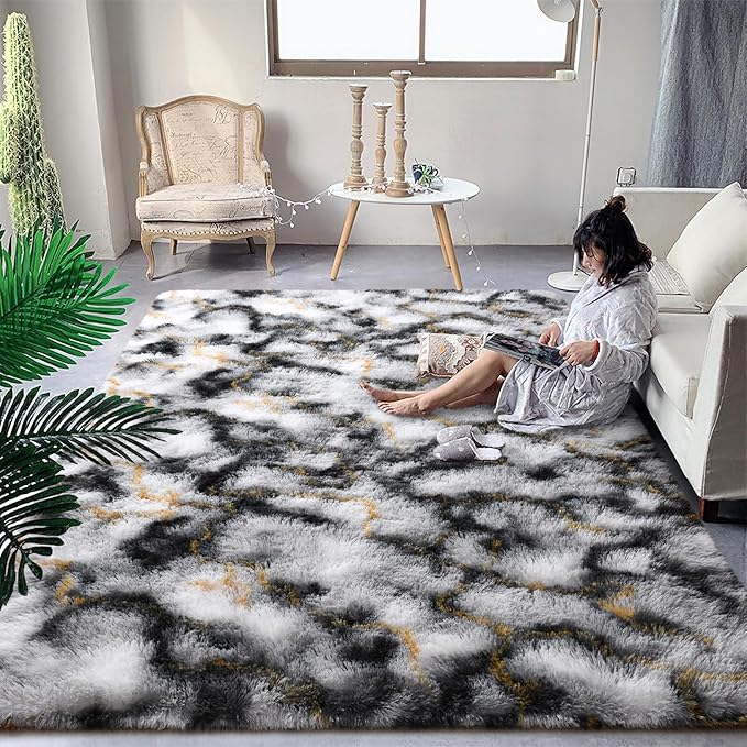 DweIke Fluffy Black White Gold Rugs for Bedroom Living Room, 4x6 Feet Soft Plush Shaggy Tie-Dyed Girls Boys Kids Rug, Upgraded Non-Slip and Machine Washable Carpet for Dorm Nursery Classroom Decor