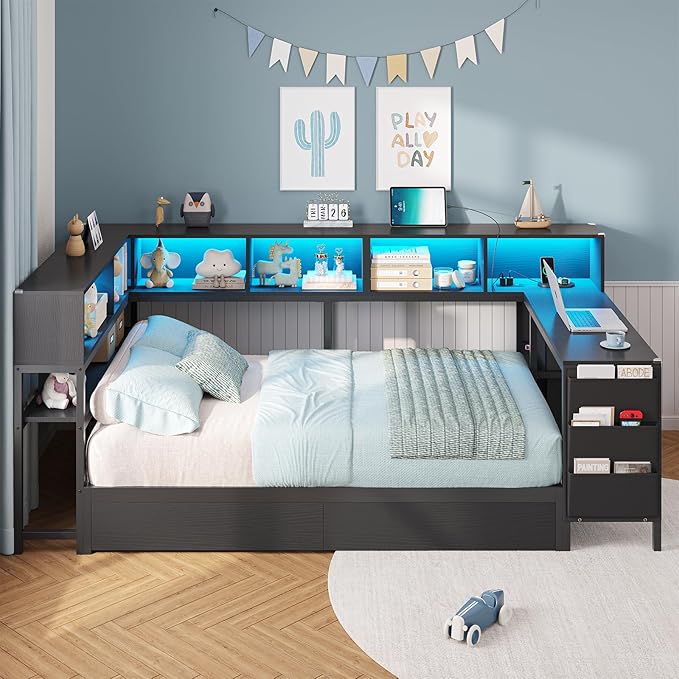 DICTAC Corner Twin Bed Frame with Desk,Charging Station and Bookcase Storage Twin Size Daybed for Kids/Teen with Storage Drawers,Led Lights and Shelves Twin Size Platform Bed Frame with Desk,Black