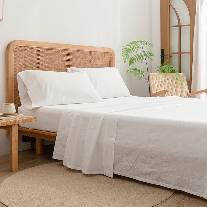 BESTOUCH Sheet Set 100% Washed Cotton Linen Feel Super Soft Comfortable Chic Lightweight 4 Pcs Home Bedding Set Solid Off White Queen