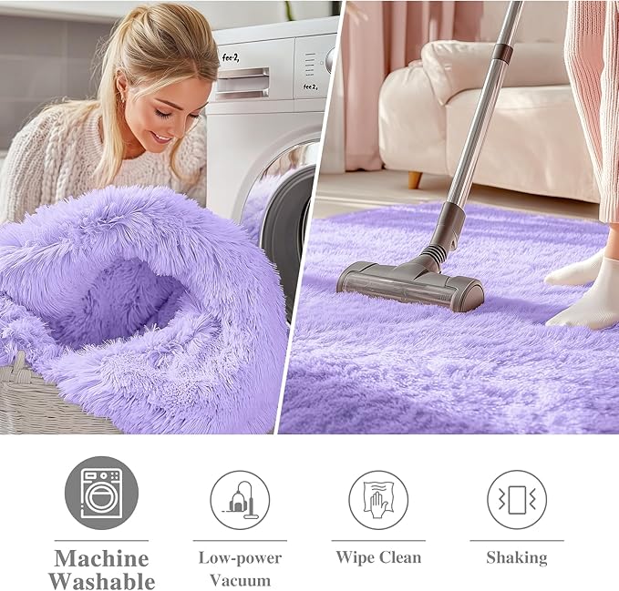 OLANLY Light Purple Round Rugs for Bedroom - Machine Washable, 7 ft Circle Area Rugs for Living Room, Soft and Fluffy Shaggy Carpet for Teen Girls and Boys, Nursery Rooms, Dorms, Home Decor Aesthetic