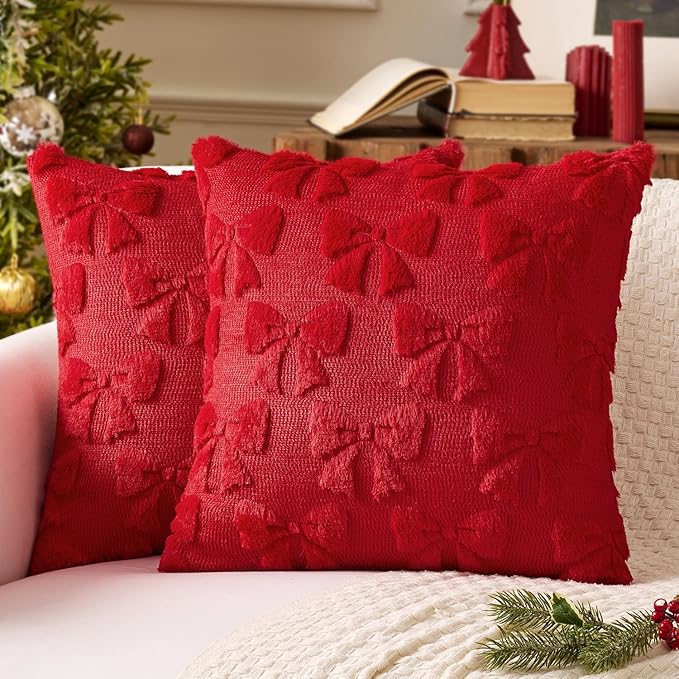 MIULEE Christmas Red Bow Pillow Covers Coquette Room Decor Aesthetic Set of 2 Decorative Cute Girl Throw Pillow Soft Plush Faux Pillowcase for Girl Bed Couch Sofa,18x18 Inch