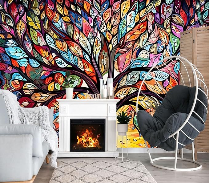 XMPMBM-Vintage Abstraction Art Forest backsplash Large Decorative Wallpaper Colorful Graffiti Tree Bedroom Bathroom Wall Mural- W 132" X H 92"（93 Square Foot）