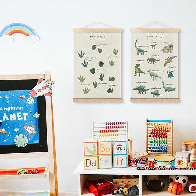 BCUANGD Dinosaur Dino Paws Wall Decor - Baby Toddler Boys Room Wall Art Poster Hanger with Wood Frames, Inspirational Hanging Canvas Decor for Kids Room Playroom Nursery Bedroom, 16x24 Inches
