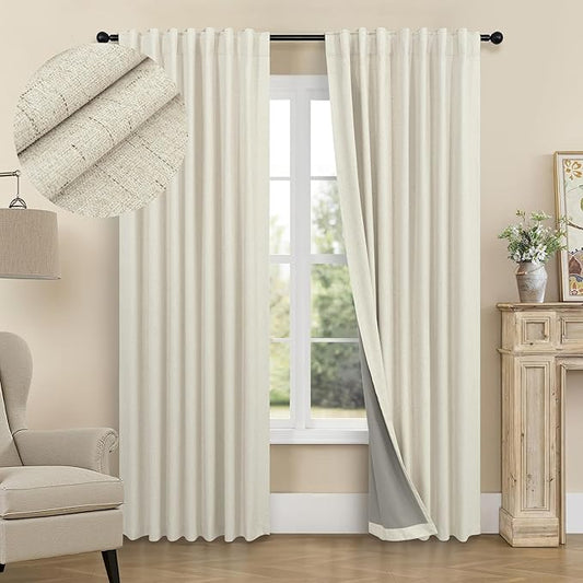 Black Out Burlap Curtains 63 Inch Long Faux Linen Farmhouse Bedroom Blackout Curtain 63 Inches Length 2 Panels Set Energy Saving Noise Reducing Nursery Drape for Bay Window Back Tab Pocket Cream Beige