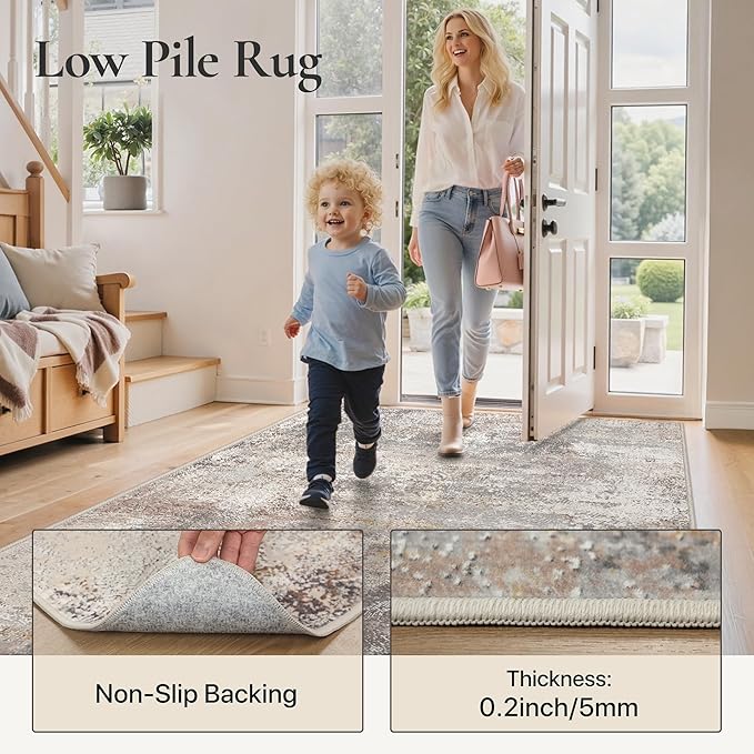 GENIMO Washable 6x9 Area Rugs for Living Room, Non Slip Modern Abstract Rug, Machine Washable Stain Resistant Low Pile Soft Carpet for Bedroom, Dining, Office, Light Grey Brown