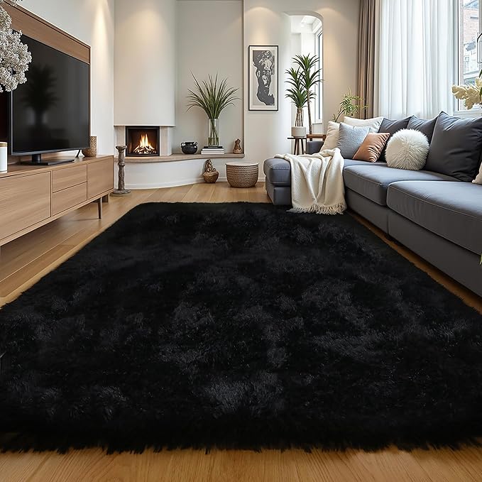 Black Fluffy 8x10 Large Area Rugs for Bedroom Living Room, Soft Washable Shag Carpet for Kids Room, Nursery, Dorm Decor, Colorful Cute Plush Fuzzy Rugs for Baby Toddler