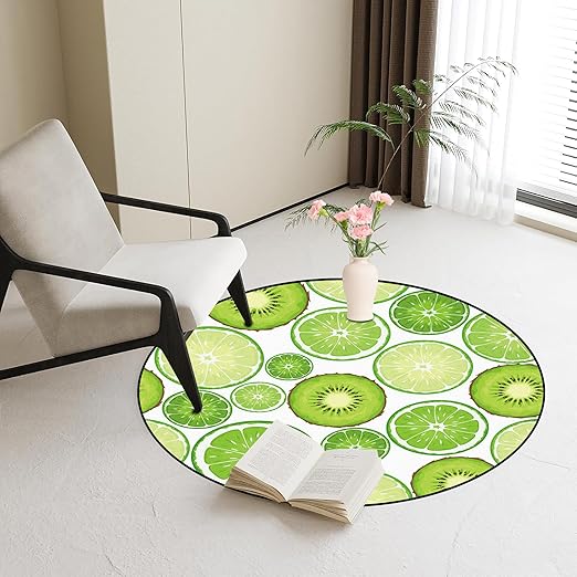 Round Kiwi Fruit Rug Green Circle Rugs for Bedroom Dorm Living Room Chinese Gooseberry Area Rug Floor Mat Pad Doormat Carpet, 3'X3'(90x90cm)