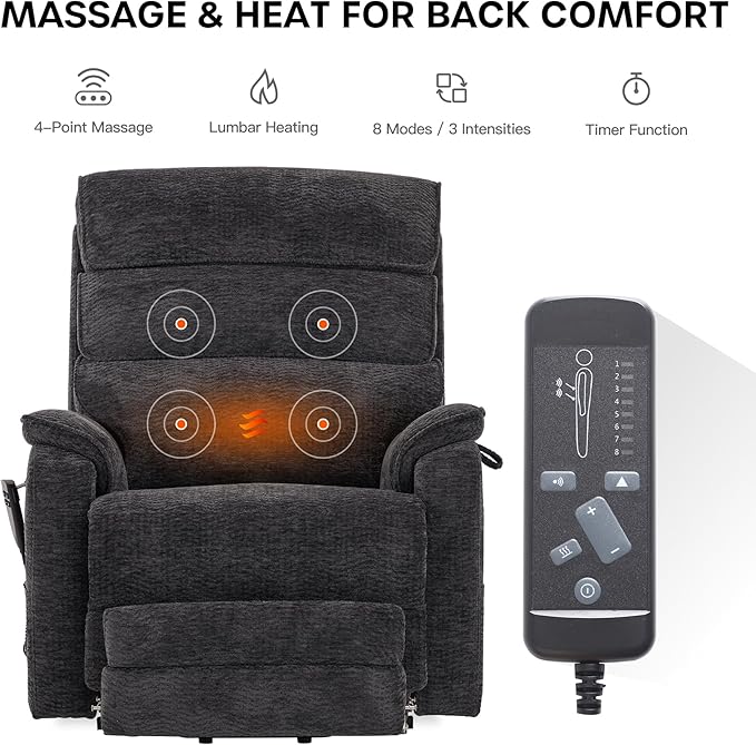 DYNOX 400 LBS Big Tall Man Large-Wide Power Dual Motor Lift Recliners Chairs for Elderly, Lay Flat Lift Chair with Infinite Positions, Heat & Massage, Extended Footrest (9298L, Chenille, Grey)