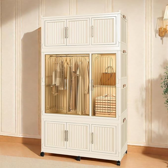 Portable Closet Wardrobe, Foldable Clothes Organizer with Cubby Storage, Hanging Rods, Easy Assemble Clothing Storage with Magnet Doors, Kids Wardrobe Cabinet