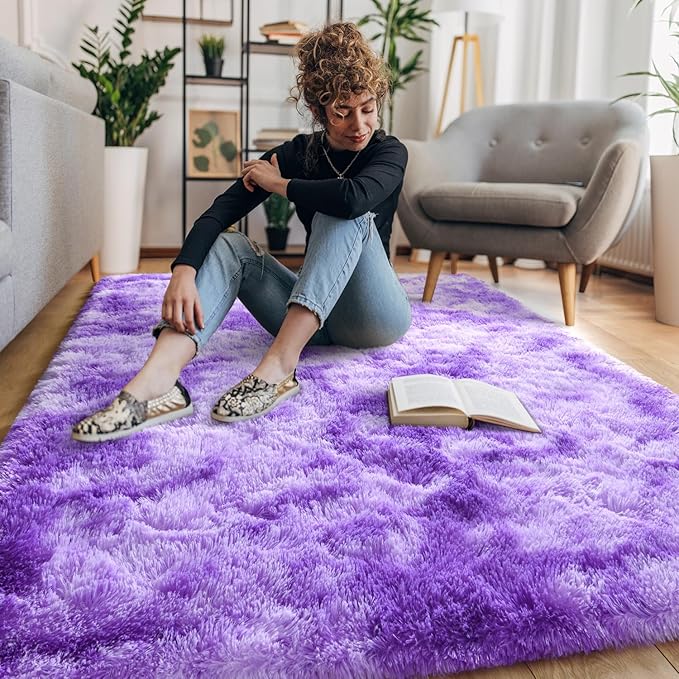 EVOIONOS Area Rug for Bedroom Living Room, Machine Washable 4x6 Fluffy Shag Rug, Soft Plush Non Slip Carpet for Indoor Floor Bedside Nursery Girls Kids Room Dorm, Home Decor Aesthetic, Tie-Dyed Purple