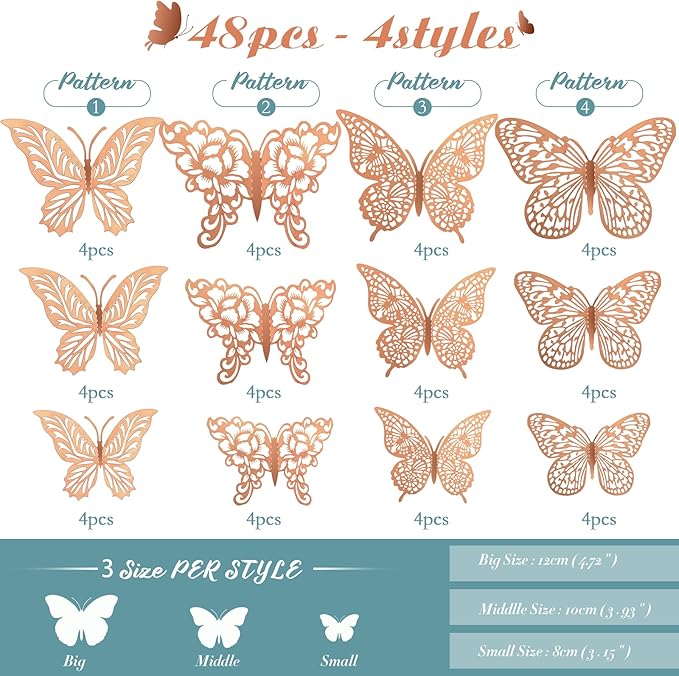 3D Gold Butterfly Wall Decor 3 Sizes 4 Styles Butterfly Party Decorations Cake Decorations Removable Stickers Wall Decor Room Mural Metallic Kids (Rose Gold, 48Pcs)