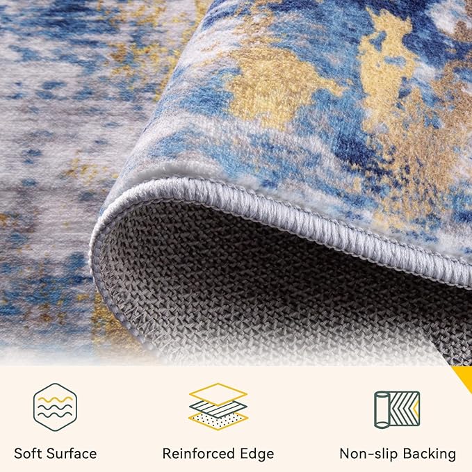 Washable Area Rugs 2'x6' Non-Slip Modern Abstract Soft for Living Room Entryway Bedroom Nursery, Print Pattern, Grey Blue Gold/Golden