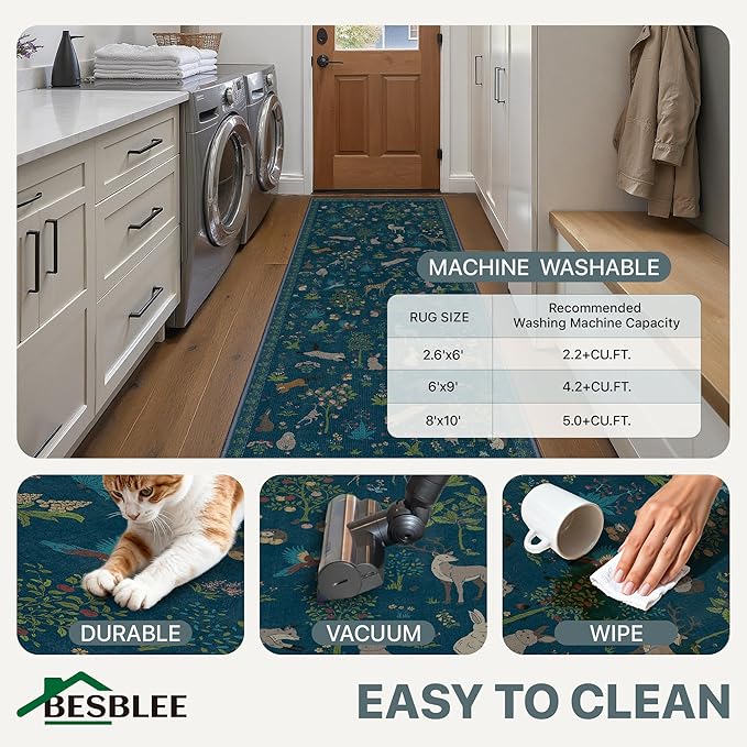 Runner Rug Non Slip 2'6''x 6', Floral Animal Print Rug Machine Washable Rug, Non Slip Low Pile Hallway Runner Carpet for Kitchen, Laundry, Bedroom, Bathroom, Midnight Blue