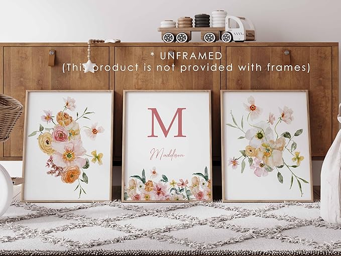 Personalized Name Flower Nursery Wall Art Prints, Crib & Nursery décor, Newborn Baby Girl Gift Present, Floral Baby Girl Room Pictures, Poster For Baby And Kids (3 Prints, Flower 8)