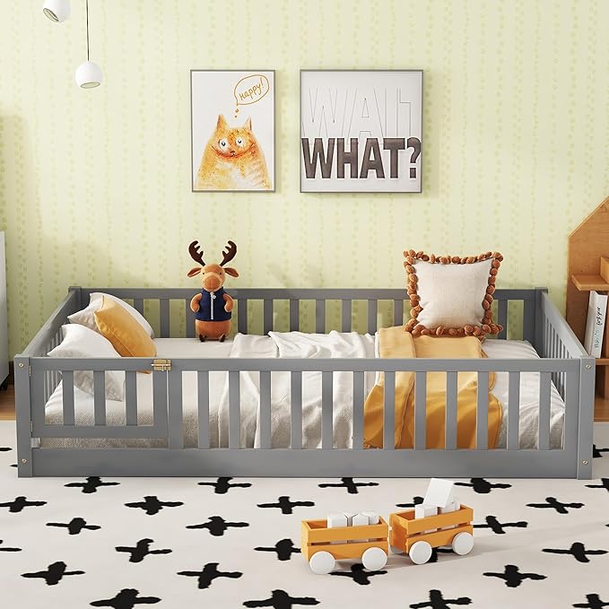 Bellemave Full Size Floor Bed Frame with Fence and Door for Kids, Montessori Floor Bed with Slats and Safety Guardrails,Solid Wood Full Bed Frame for Girls Boys,Grey