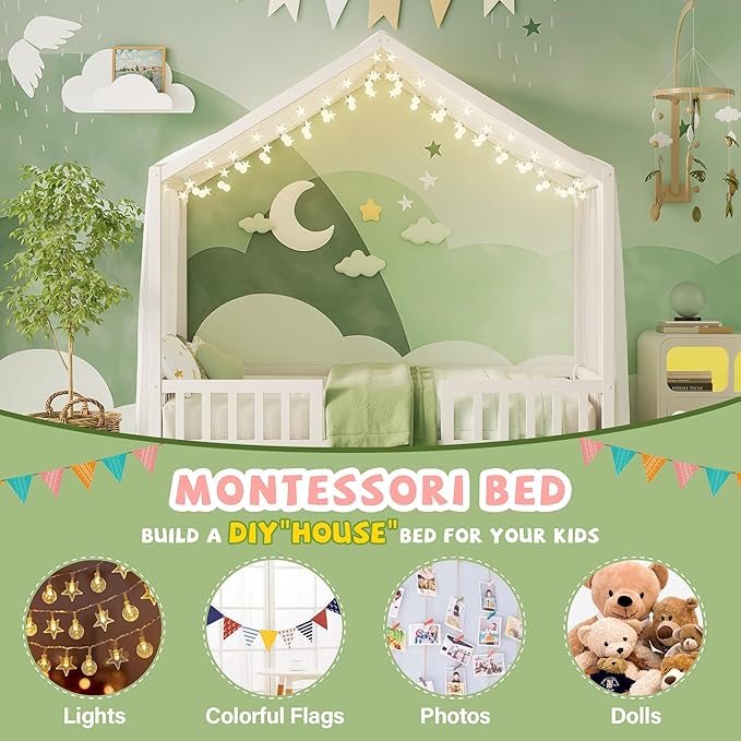 Bellemave Twin House BedFrame with Canopy, Montessori Floor Bed, House Bed with Rails for Kids, White