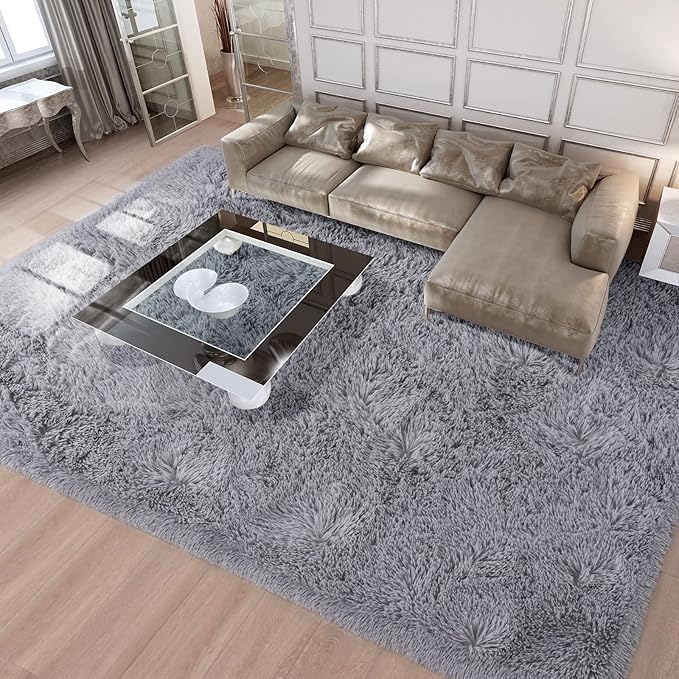 Merelax Soft Modern Indoor Large Shaggy Rug for Livingroom Bedroom Dorm Kids Room Home Decorative, Non-Slip Plush Fluffy Furry Fur Area Rugs Comfy Nursery Accent Floor Carpet 8x10 Feet, Grey